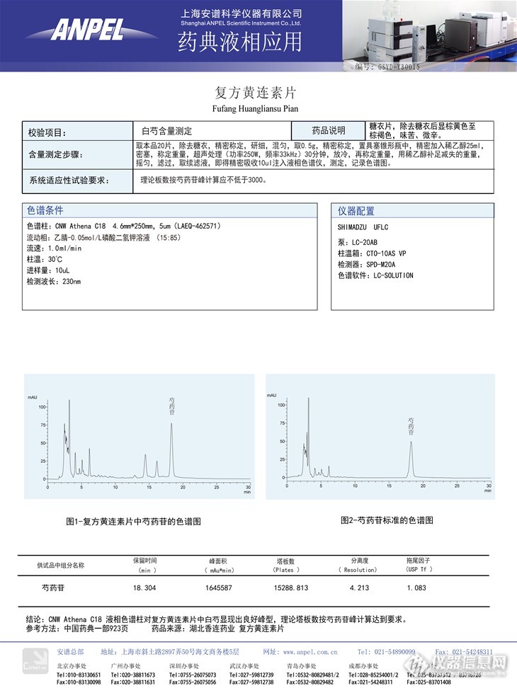 CNW Athena C18液相色谱柱检测药物-01.复方黄连素片中白芍