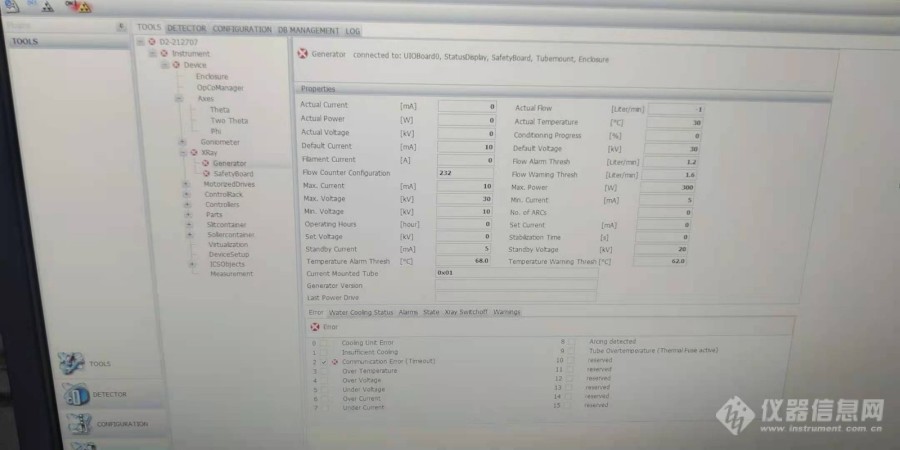 布鲁克X射线衍射仪（D2型）运行发生器通信异常故障