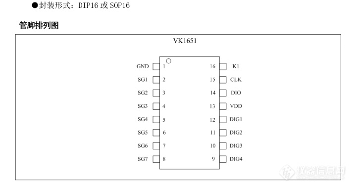 VK1651冰箱、空调LED数显驱动芯片显示模式（7字段×4位），支持共阳数码管输出