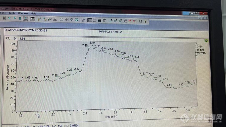 气质联用跑样品时，前期基线不平，在适当延长初始程序后，还是有此问题