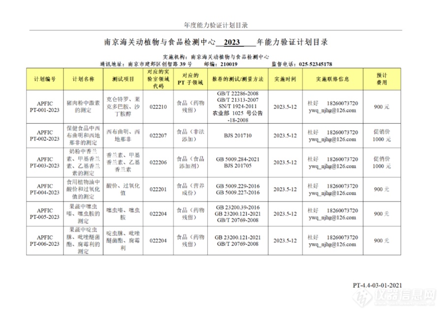 南京海关动植食中心2023年度能力验证计划公告