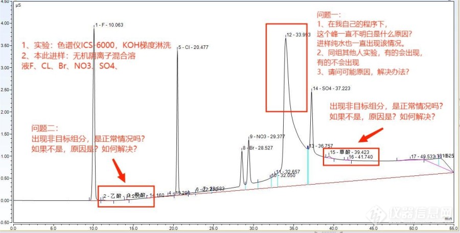 离子色谱进行有机离子、无机离子检测，色谱图有几个问题（杂峰），麻烦友友们看一下